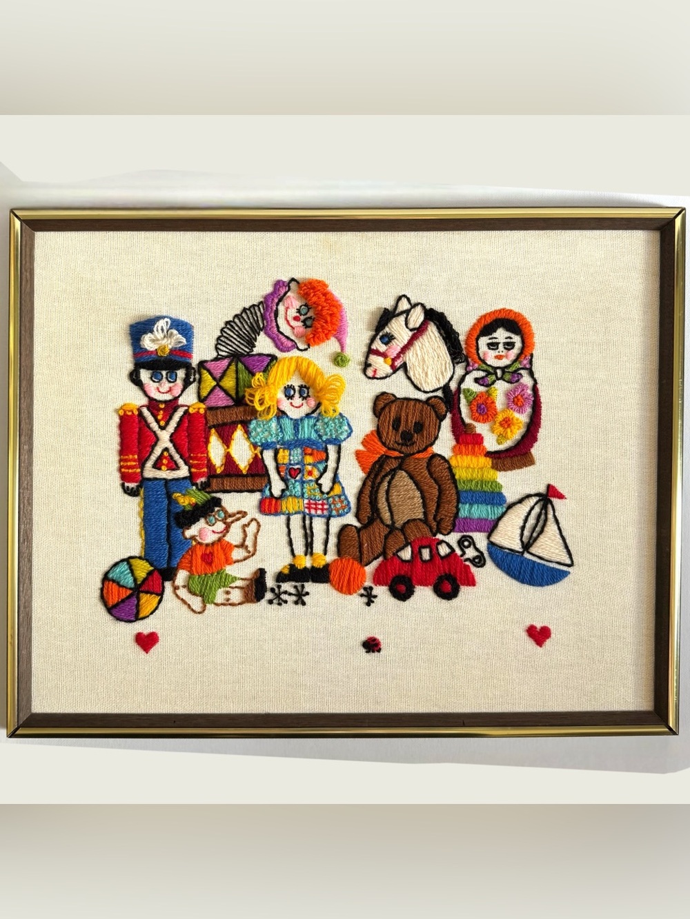 Vintage Toys Crewel Embroidery Framed Nursery Toy Box Folk Art Kitsch Wall Decor